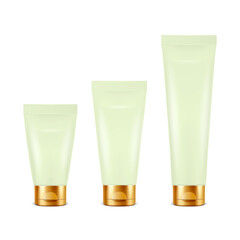 Vector 3d Realistic Plastic, Metal Green Tooth Paste, Cream Tube, Packing with Golden Cap Set Isolated on White Background. Design Template of Toothpaste, Cosmetics, Cream for Mockup. Front View