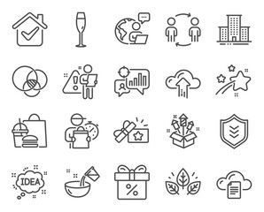 Business icons set. Included icon as Euler diagram, Seo statistics, File storage signs. Cloud upload, Shield, Fireworks rocket symbols. Cooking water, Champagne glass, Organic tested. Idea. Vector