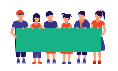 Obraz premium Group Of Young Children Holding A Blank Sign. Notice And Announcement Concept. Vector Flat Cartoon Illustration. Young Boys And Girls With Empty Placard.