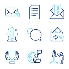 Education icons set. Included icon as Launch project, Secure mail, Wallet signs. Document, Success, Winner symbols. Credit card, Messenger line icons. Business innovation, Private e-mail. Vector