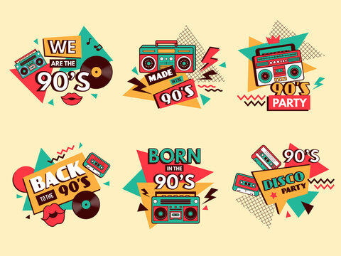 Retro 90s Labels. Colored Badges Vintage Old School Style Fashion Elements Musical Boombox For Pop Music 80s Abstract Geometrical Design Forms Recent Vector Set