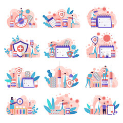 Fototapeta premium Vaccination concept pictures. Covid prevention medical scenes with doctors and patients making vaccine with drugs antibiotics recent vector pictures set