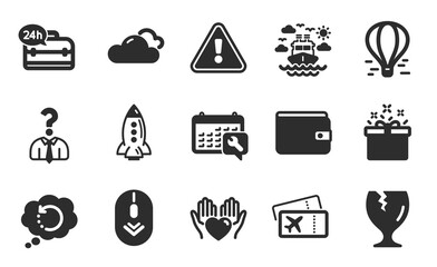 Fragile package, Ship travel and Recovery data icons simple set. Hiring employees, Special offer and Hold heart signs. Air balloon, Rocket and Scroll down symbols. Flat icons set. Vector