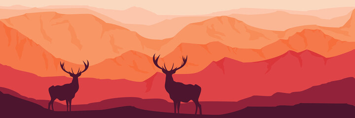 silhouette of two deer in the mountain landscape flat design vector for wallpaper, background, and template