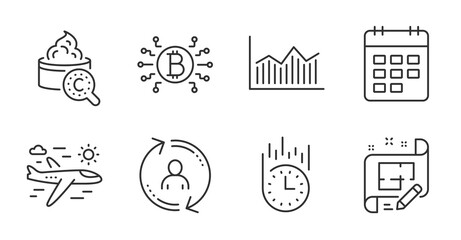 Airplane travel, Calendar and Collagen skin line icons set. Money diagram, Fast delivery and Bitcoin system signs. User info, Architect plan symbols. Trip flight, Event reminder, Skin care. Vector