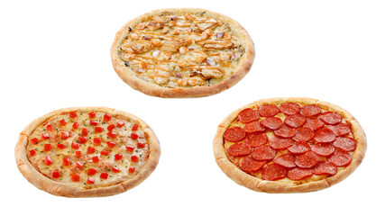 Three pizzas isolated on a white background. Italian food concept. Appetizing pizza.