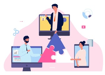 Cooperation concept. Remote business, distance effective teamwork. Office people on screen collect puzzle pieces. Work together vector illustration