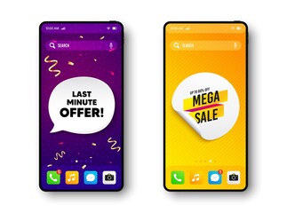 Mega sale sticker. Phone mockup vector confetti banner. Discount banner shape. Coupon tag icon. Social story post template. Last minute offer speech buuble. Cell phone frame banner. Vector