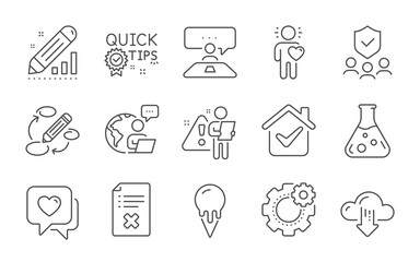 Keywords, Friend and Chemistry lab line icons set. Quick tips, Reject file and Edit statistics signs. Ice cream, Heart and Security agency symbols. Interview job, Cloud download and Cogwheel. Vector