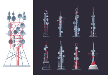 Fototapeta premium Wireless towers. Network communication buildings modern outdoor smart system garish vector towers pictures