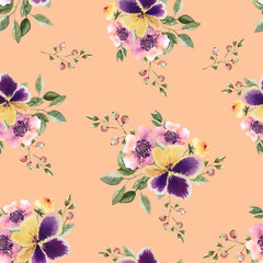 seamless floral pattern with purple flowers and bouquets on peach background, watercolor illustration hand painted