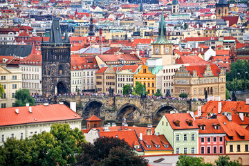 Fototapeta na wymiar Aerial view of Prague and Saint Charles bridge, Czech Republic