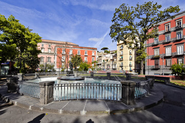 Naples, Italy, May 2, 2021. A fountain in a public park in the historic center of the city.