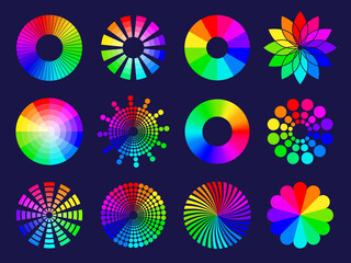 Rgb circles. Round abstract shapes selective colored spectrum waves frequency wheels rgb palletes recent vector stylized symbols