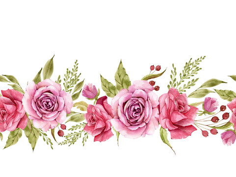 seamless border with watercolor pink rose flowers. isolated on white background hand painted, for weddings and invitations	
