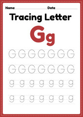 Tracing letter g alphabet worksheet for kindergarten and preschool kids for handwriting practice and educational activities in a printable page illustration.