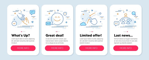 Set of People icons, such as Swipe up, Smile chat, Helping hand symbols. Mobile screen mockup banners. Interview job line icons. Touch down, Happy face, Give gesture. Consulting. Vector