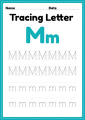 Tracing letter m alphabet worksheet for kindergarten and preschool kids for handwriting practice and educational activities in a printable page illustration.