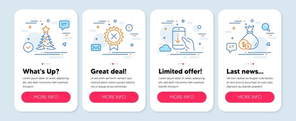 Set of Business icons, such as Christmas tree, Scroll down, Reject medal symbols. Mobile screen mockup banners. Cash line icons. Spruce, Swipe phone, Award rejection. Banking currency. Vector