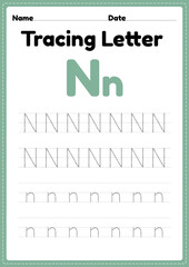 Tracing letter n alphabet worksheet for kindergarten and preschool kids for handwriting practice and educational activities in a printable page illustration.