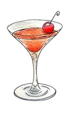 The drawing of the drink is made with colored pencils and black liner