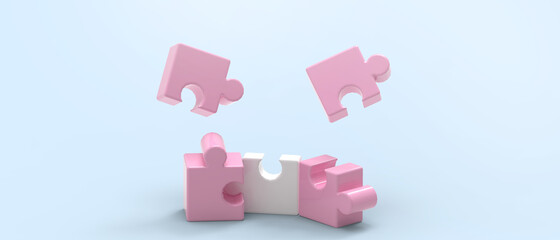 Abstract idea Cooperate Business concept and Close up Pink Jigsaw Creative Concept on Blue. copy space, Minimal style, digital, banner, website -3d Rendering