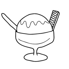 ウエハースが乗ったアイスクリームの線画イラスト