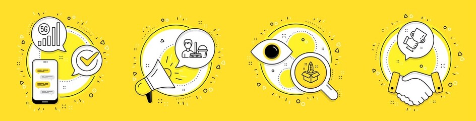 5g wifi, Startup and Cleaning service line icons set. Cell phone, megaphone and deal vector icons. Winner cup sign. Wireless signal, Innovation, Bucket with mop. Best trophy. Business set. Vector