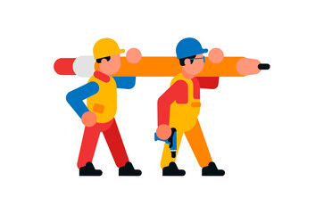Workers carrying a large cardash. Builders and pencil. Rod, graphite, eraser, power tool. Vector illustration isolated on white background