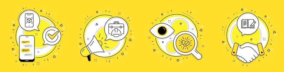 Augmented reality, Construction toolbox and Medical drugs line icons set. Cell phone, megaphone and deal vector icons. Feedback sign. Phone simulation, Architect helmet, Medicine pills. Vector