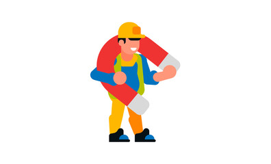 A worker holding a large magnet. Builder and magnet. Smile, happy, strength, attraction, power. Vector illustration isolated on white background.