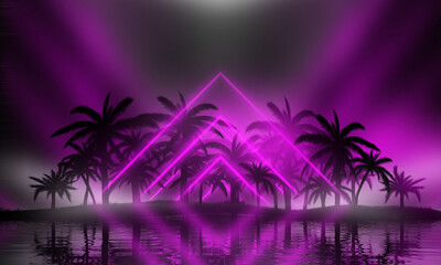 Fototapeta na wymiar Beach party empty scene background. Tropical palms against the background of neon glow, reflection on the water, laser show. 3d illustration