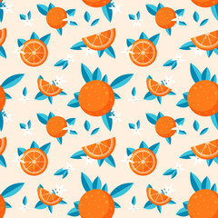 Seamless bright vector pattern with oranges and leaves. Texture for fabric, wrapping paper, postcards.