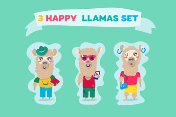 Happy llamas attractive and funny animals vector