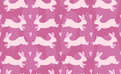Seamless vector pattern with bunnies and hearts on a pink background. Bright and cute pattern. Texture for fabric, wrapping paper, postcards.