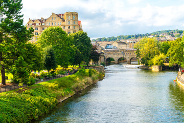 View of the Pulteney Bridge River Avon in Bath, England