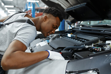 Male mechanic checks engine, car service