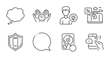 Obraz premium Safe time, Person idea and Travel loan line icons set. Call center, Comic message and Smartphone protection signs. Recovery hdd, Speech bubble symbols. Management, Lamp energy, Trip discount. Vector