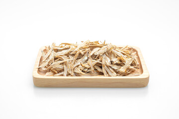dried small crispy fish on white background