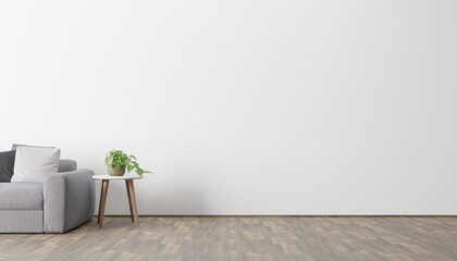 Modern eco-style interior with a space for poster, plant and a wooden floor. Front view. 3d rendering image