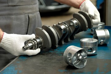 The crankshaft, a set of pistons close-up on the desktop of an auto mechanic. Spare parts of the car suspension. Control of the technical condition of new products. Repair and maintenance.