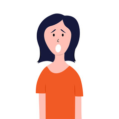 Isolated scared girl on white background for concept design in cartoon style. Girl in orange t-shirt. Young woman Avatar
