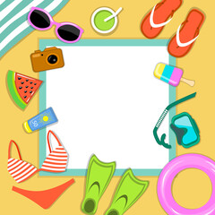 Obraz premium Beach Accessories top flat lay view greeting card template vector illustration