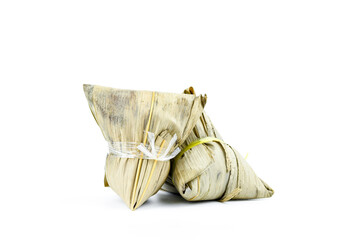 Ba jang or zongzi isolated on white background, made with sticky rice and pork peanut with egg, Chinese traditional food - obrazy, fototapety, plakaty