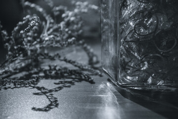 glass jar with dried flowers