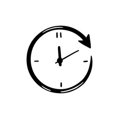 Hand drawn simple circle Clock icon of black color. Doodle sketch style. Concept of time, minute, deadline. Clock with arrow on white background