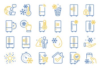Fridge line icons. Refrigerator, freezer storage, smart fridge machine. Water with ice, cooler box, thermometer icons. Wi-fi remote access, thermostat timer, smart freezer. Line icon set. Vector