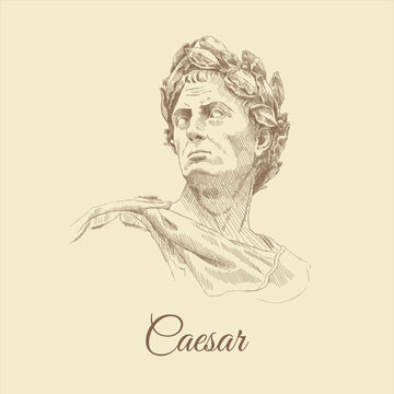 Sketch portrait of roman emperor Gaius Julius Caesar. Ancient Roman statue of a man with a laurel wreath on his head. A forward-looking gaze. Vintage brown and beige card, hand-drawn. Old design.