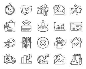 Technology icons set. Included icon as Parking place, Car service, Receive mail signs. 24h service, Chemistry lab, Dot plot symbols. Close button, Web report, Contactless payment. Approved. Vector