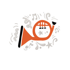 Vector illustration of minimalist classic brass instrument called horn hand drawn in flat style with orange and black colors playing music amidst abstract gray notes and ornaments